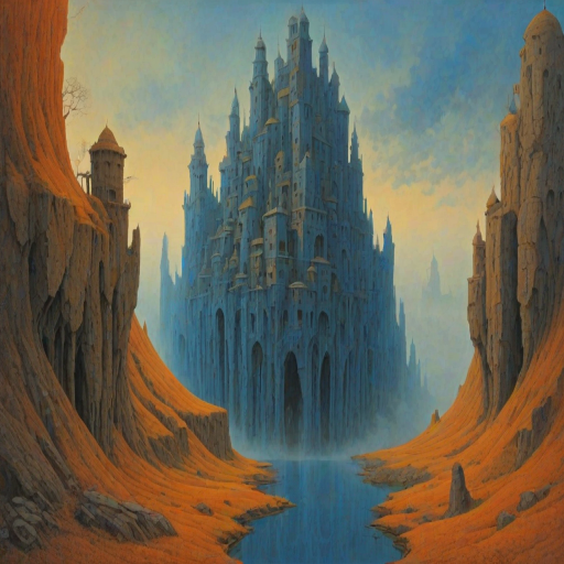 An architecture landscape, Zdzislaw Beksinski style, a bit of blue, orange and yellow colors in it, high detailed beksinski painting, Jacek Yerka, Peter Gric, Hundertwasser