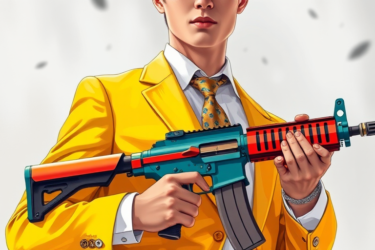 Create a detailed illustration of a confident young man holding a brightly colored assault rifle, dressed in a stylish yellow suit with a white shirt and patterned tie, vibrant colors with a focus on the weapon's details, use a shallow depth of field to blur the background, capture in high resolution with a wide-angle lens, natural lighting for enhanced texture and contrast, taken with a digital DSLR camera.