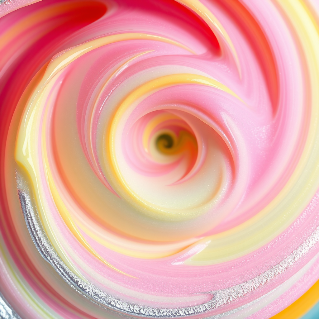 create a vibrant abstract swirl with a mix of pastel colors including pink, yellow, green, and silver, shot with a Canon EOS R5 at f/8, ISO 100, 50mm lens, using a macro view to capture intricate details and smooth transitions in colors