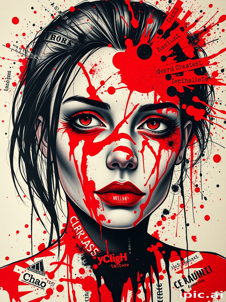 Avant-garde trash polka tattoo called "Urban Chaos" combining realistic portraits with abstract splashes of red and black ink, incorporating text elements and graphic design motifs