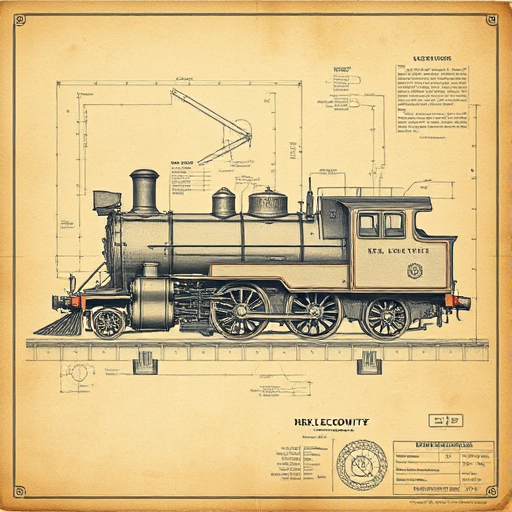 Vintage style illustration of a locomotive blueprint with aged paper texture, detailed engravings and faded ink, 50mm lens, f/8 aperture, ISO 100, shallow depth of field, shot with a full-frame DSLR camera.