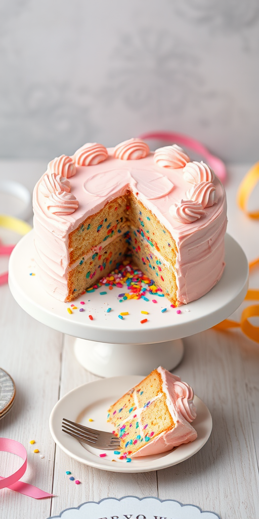 A beautifully decorated cake on a white cake stand with a slice cut out showing colorful sprinkles inside and topped with pink frosting served on a plate with a silver fork beside it and ribbons in the background.