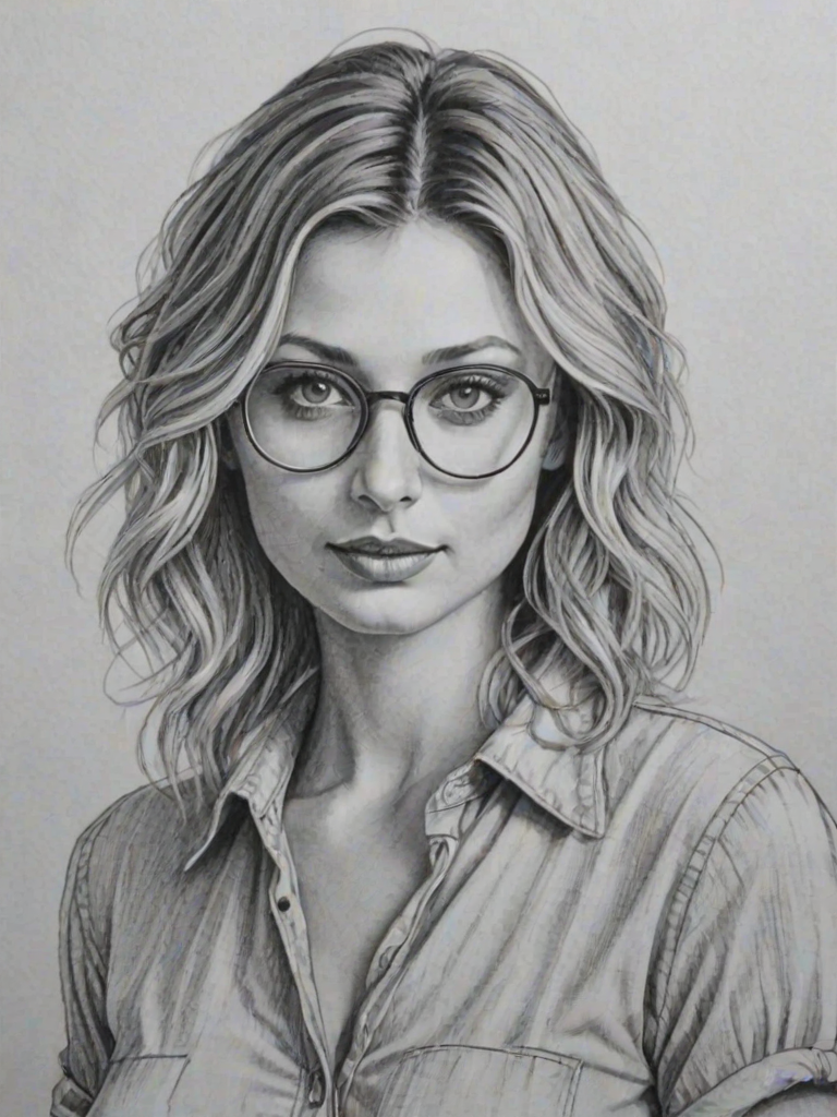 Charming Aly Michalka, pencil sketch, portrait of Comely woman 1979s in glasses, hair style beatnik, outline, clear lines, fine lines, 8k