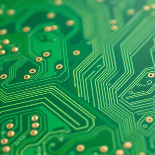 high-resolution image of a green circuit board with intricate lines and details, captured with a DSLR camera at f/8 aperture, ISO 100, 50mm lens, with a macro view and soft lighting to enhance texture and depth
