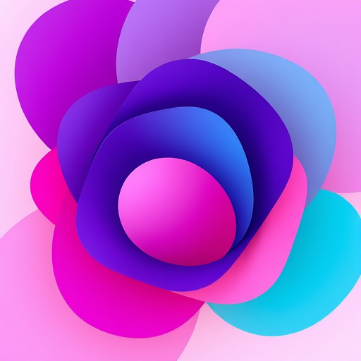 Create a vibrant abstract design featuring layered shapes in shades of purple, teal, and pink with smooth gradients, shot with a Canon EOS R5 at f/8, ISO 100, 50mm lens, top-down view, high saturation.