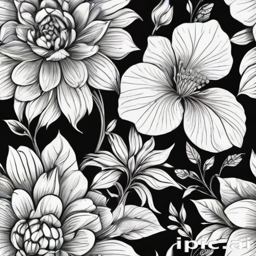 Elegant Black and White Floral Pattern with Intricate Botanical Designs