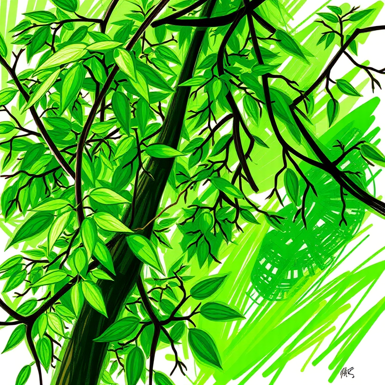 Create a vibrant green sketch in the style of a digital illustration, using a Canon EOS R5 with an EF 24-70mm f/2.8L lens at f/4, ISO 100, and a shutter speed of 1/125s, shot in a high-resolution format to enhance clarity and detail.
