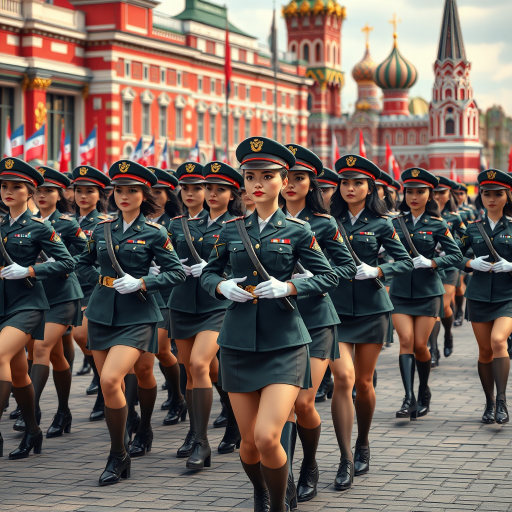 Cartoon 3D Military parade in Red Square in Moscow with military women wearing short skirts.