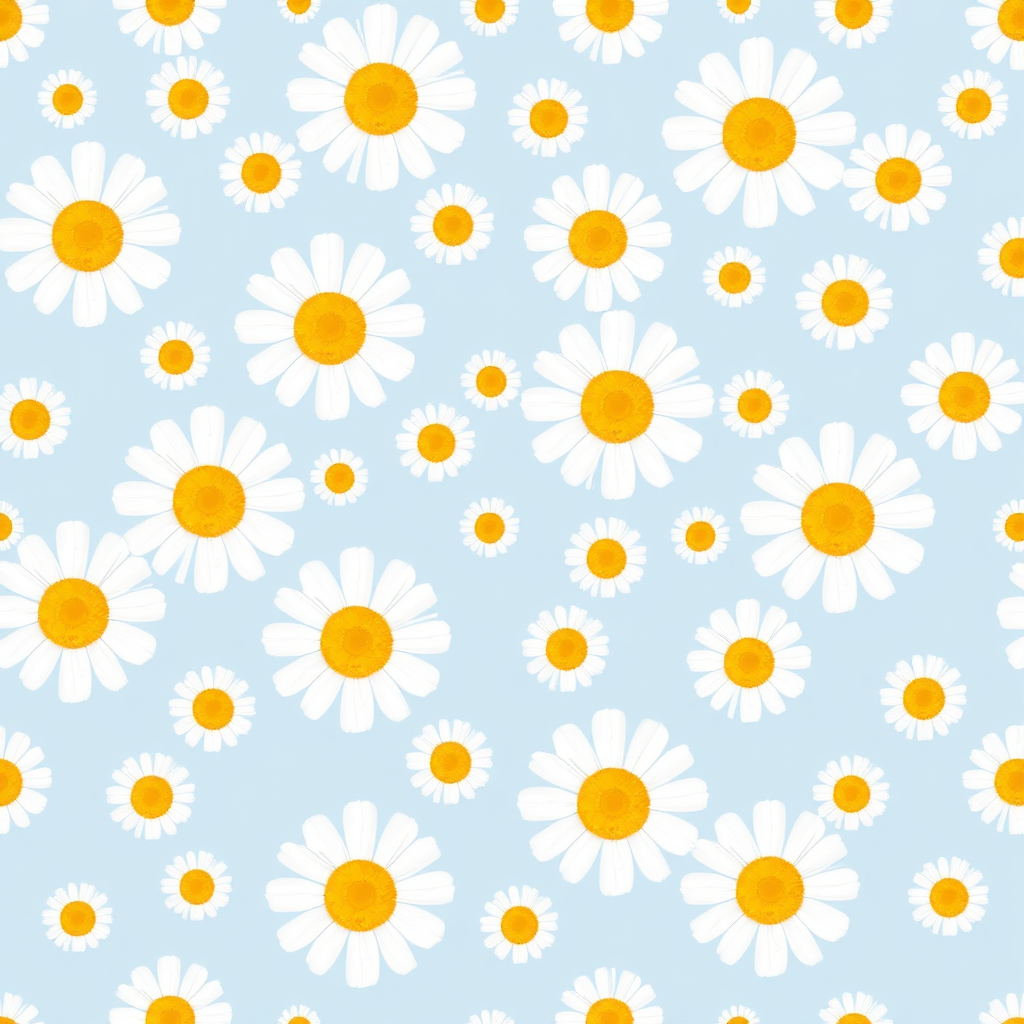 Create a seamless pattern featuring a light blue background filled with white daisies. Each daisy should have a bright yellow center and a simple, clean design. The flowers should be evenly spaced, creating a harmonious and cheerful floral pattern.