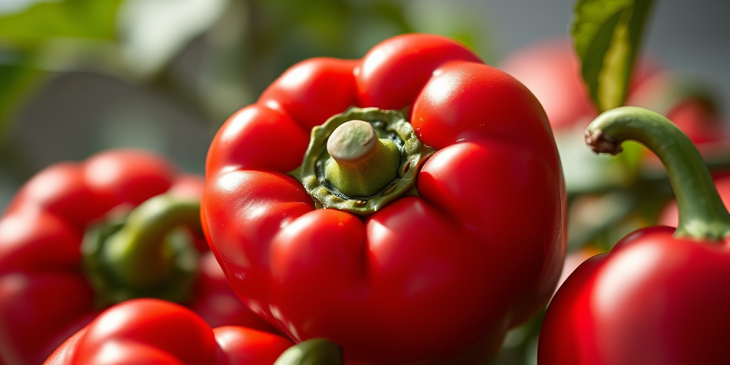 red bell pepper, close-up shot, f/2.8, ISO 100, 50mm lens, soft natural lighting, shallow depth of field, high-resolution detail