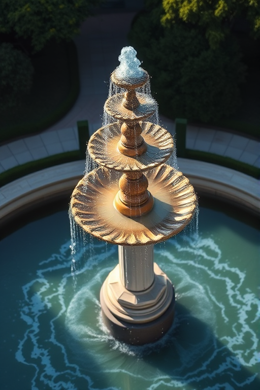 Generate a high-quality image of a three-tiered fountain with water flowing, captured with a DSLR camera, using a 35mm lens at f/8 aperture, ISO 200, in natural light, from an aerial view to showcase the fountain's symmetry and details.