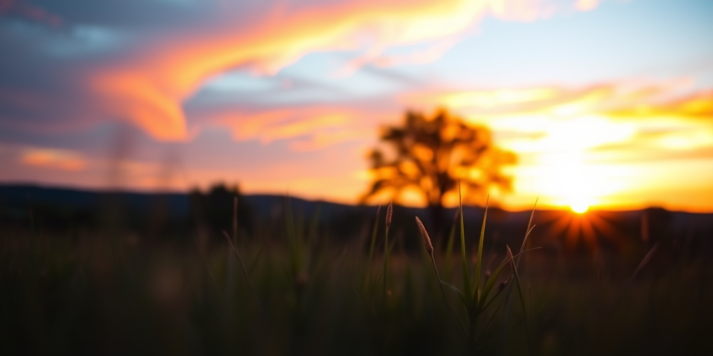 Create a high-resolution image of a serene landscape at sunset with vibrant colors in the sky, using a DSLR camera with a 50mm lens, f/1.8 aperture, ISO 200, and a low-angle view to capture the foreground details along with a soft bokeh effect in the background.