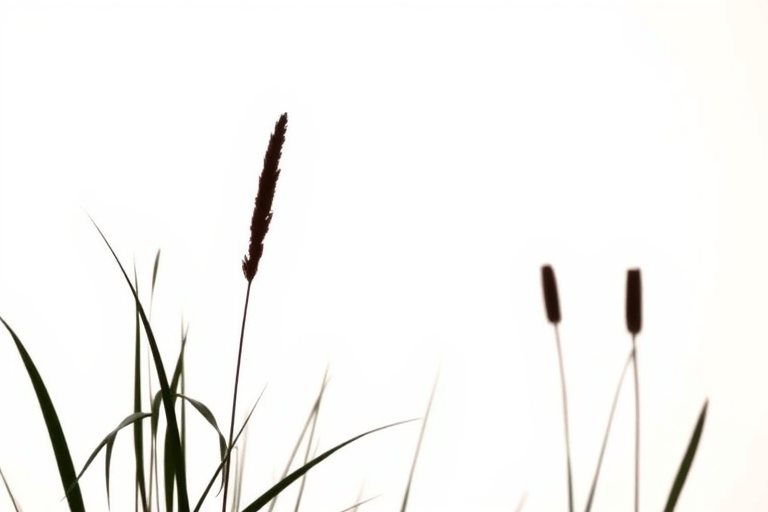 Create an image of a simple silhouette of grass and reeds against a white background with a macro lens, aperture f/2.8, 50mm focal length, and soft natural lighting for a clear, detailed effect.