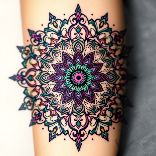 Ornate mandala tattoo bursting with intricate patterns and symmetrical designs, incorporating delicate dotwork shading and vibrant jewel tones of sapphire, emerald, and amethyst for a mesmerizing effect
