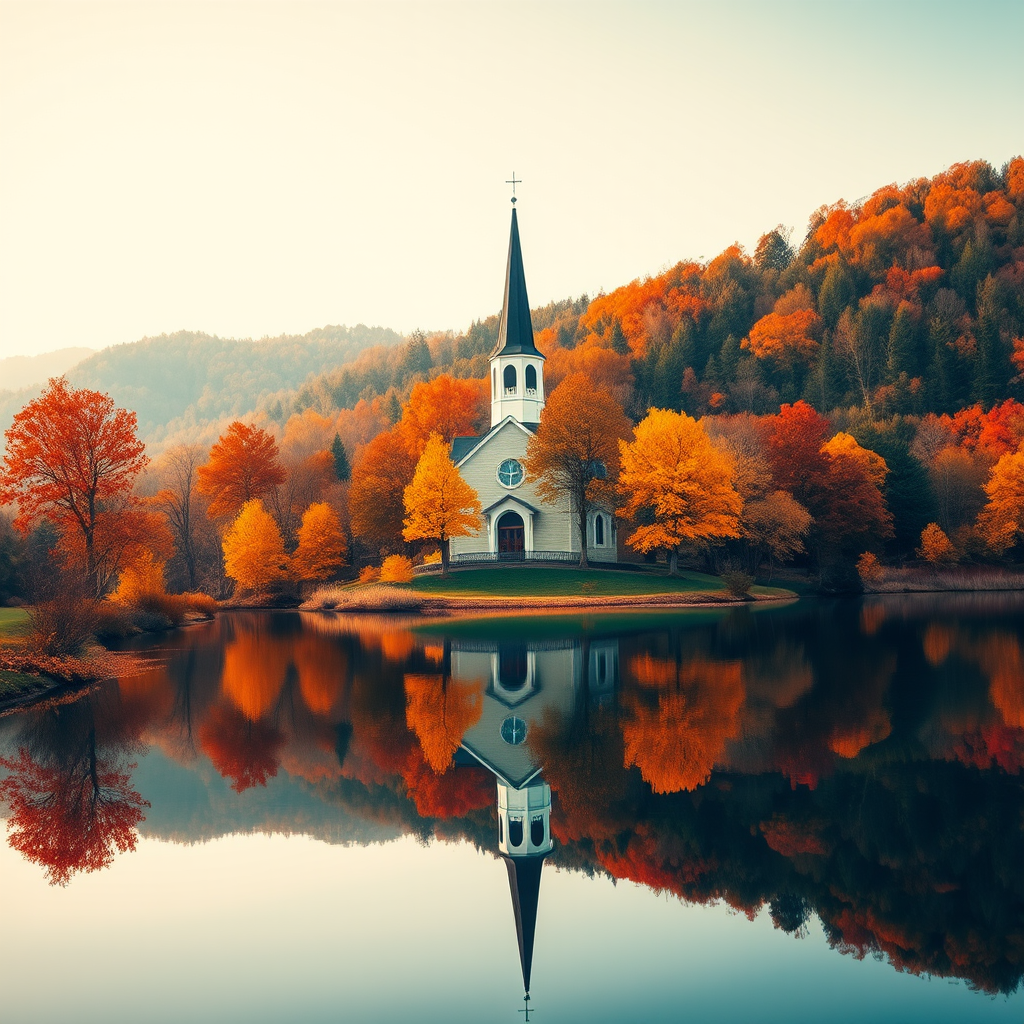 Create a vibrant autumn landscape featuring a serene church beside a reflective lake, with trees in shades of orange and yellow, using a Canon EOS 5D Mark IV, 50mm f/1.8 lens, aperture f/8, ISO 100, and a wide-angle perspective to capture the warm hues and reflections beautifully.