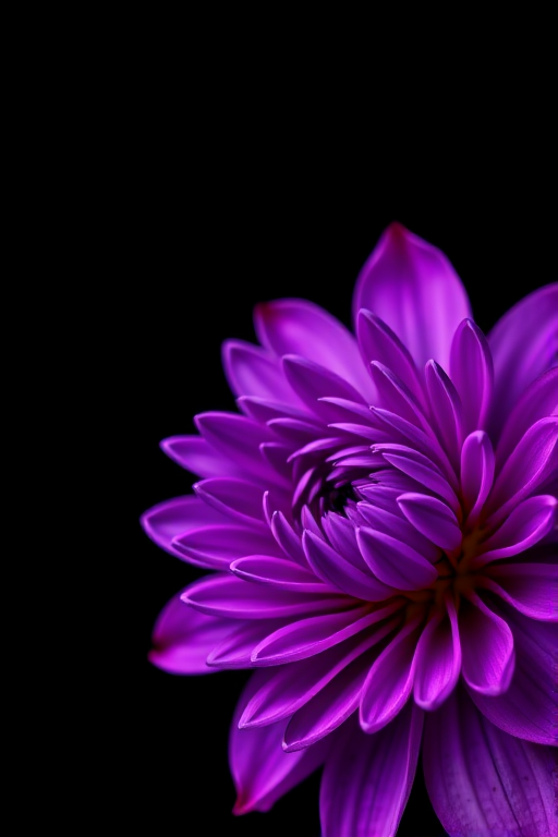 Photograph a vibrant purple flower with intricate layers against a solid black background, using a Canon EOS R5, a 100mm f/2.8 macro lens, aperture set to f/5.6, ISO 100, and a shutter speed of 1/250 sec, capturing the image from a top-down perspective with soft, diffused lighting to enhance the details and colors.