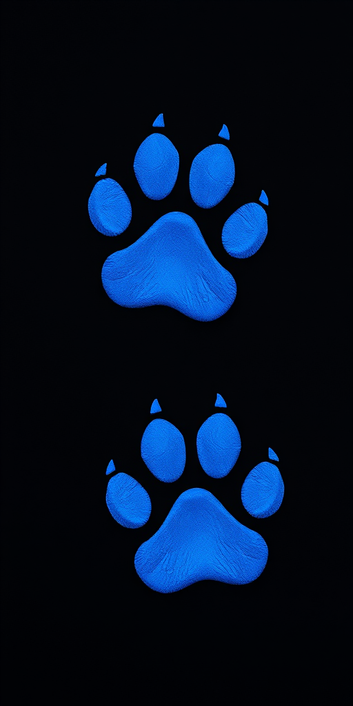Create an image of two blue paw prints on a black background, shot with a DSLR camera at f/5.6 aperture, ISO 200, 50mm lens, ensuring a close-up view for enhanced detail and clarity.