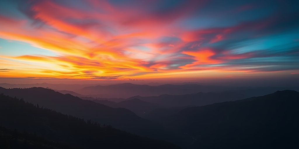 Image of a serene mountain landscape during sunset with vibrant colors in the sky, captured with a Canon EOS R5, 24mm lens, aperture f/8, ISO 100, shot in landscape orientation with natural lighting.