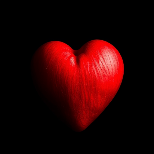 Create a vivid, red heart on a black background using a Canon EOS 5D Mark IV, ISO 100, f/4, 1/200s, high-resolution close-up view, and enhanced color saturation.