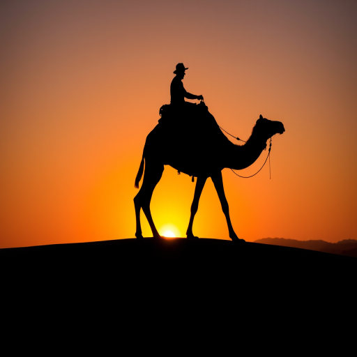 capture a silhouette of a lone camel and rider against a gradient sunset in a desert landscape with soft hills and a crescent moon, using a DSLR camera with a 50mm lens at f/2.8, ISO 100, and a shallow depth of field to enhance the warm color tones and soft focus in the background