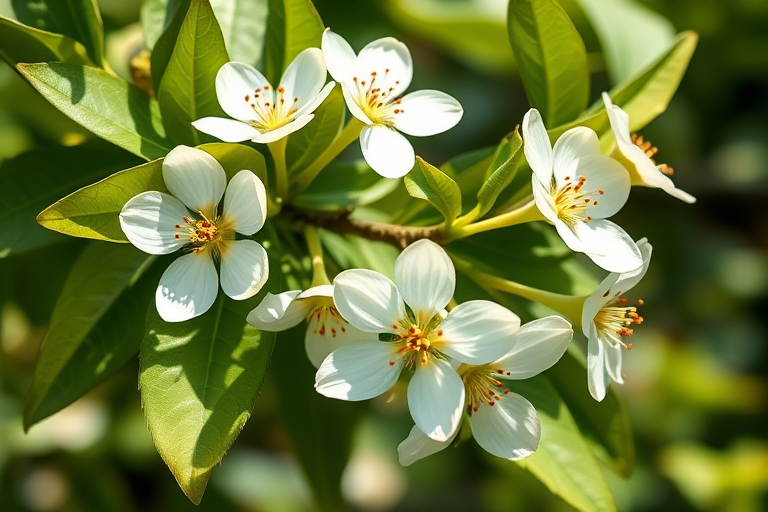 Generate a high-resolution digital illustration of a citrus plant branch with white blossoms and green leaves, using a Canon EOS 5D Mark IV, aperture set at f/2.8, focal length of 50mm, ISO 100, and overhead natural lighting to enhance colors and details.