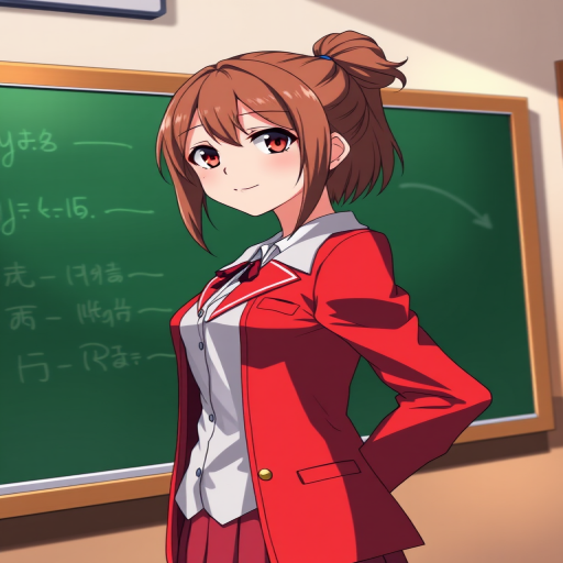 Create a high-resolution anime-style image of a female character in a red blazer standing confidently next to a chalkboard, with a focal length of 50mm, aperture set to f/2.8, natural lighting, and shot from a slightly low angle to enhance her presence.