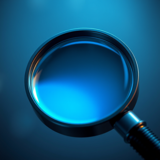 Create a high-resolution digital illustration of a magnifying glass, featuring a glossy blue lens and a detailed black handle, shot with a Canon EOS 5D Mark IV at f/8, ISO 100, 50mm lens, with a shallow depth of field, soft lighting, and from a slightly low angle to emphasize the lens.
