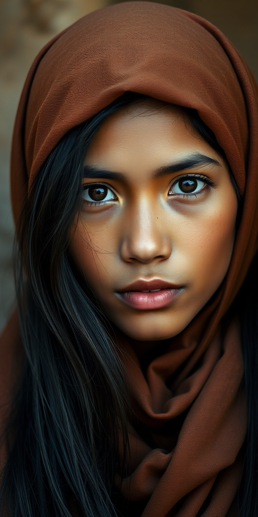Create a portrait of a young Cambodian male with long, dark hair and captivating hazel eyes. She is wearing a brown headscarf and a matching scarf draped gracefully around her neck. The background is softly blurred, focusing attention on her serene and natural expression. The overall color palette is muted and warm, enhancing the intimate and authentic feel of the portrait.