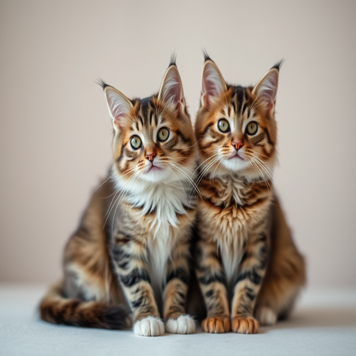 A close-up of two Maine Coon cats sitting together with a neutral background, soft lighting, f/2.8 aperture, 50mm lens, ISO 100, shot in portrait mode with a DSLR camera to enhance depth of field and detail.