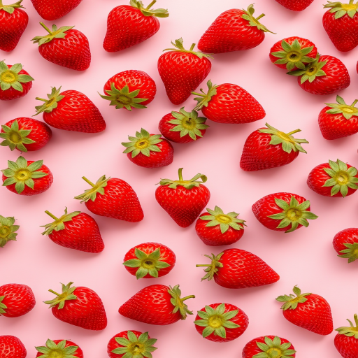 create a seamless pattern of small strawberries on a soft pink background, camera settings f/8, ISO 100, shutter speed 1/125, camera view top-down, camera style minimalistic, camera type DSLR