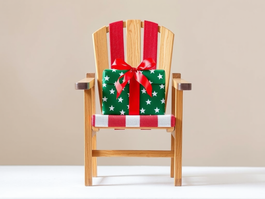 Generate an image of a small wooden deck chair with a red and white striped fabric seat, featuring a wrapped gift box in green paper with white stars and a red ribbon placed on the chair. The background should be neutral and soft to enhance the focus on the chair and the gift.