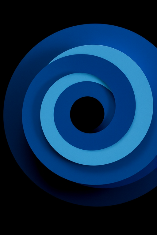 Create an abstract image of overlapping blue and white concentric circles on a black background, using a Canon EOS R5 with a 50mm lens, aperture set to f/2.8, ISO 100, and a shutter speed of 1/60s, capturing a high-resolution digital artwork that emphasizes depth and contrast.