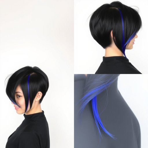 Dramatic jet black asymmetrical cut with a single electric blue streak, the "Midnight Lightning" look combines elegance with a touch of edgy allure