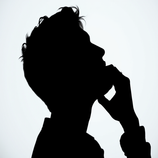 Create a high-contrast silhouette of a person in deep thought with a plain white background, using a Canon EOS R camera, 50mm lens, aperture f/2.8, ISO 100, and a soft diffused lighting setup.
