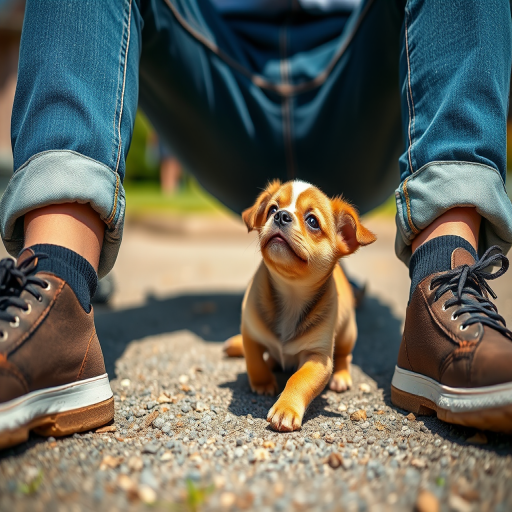 A low-angle shot of a person in rolled-up jeans sitting on the ground with a small, playful puppy looking up at them, taken with a DSLR camera at f/2.8 aperture, ISO 100, 50mm lens, natural sunlight for soft shadows and vibrant colors.