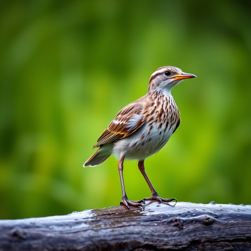 Capture a sharp, detailed image of a bird standing on a wet log, in light rain, using a DSLR camera with a 50mm lens, aperture f/2.8, shutter speed 1/500s, ISO 400, in a close-up view to emphasize the bird's features against a blurred, lush green background.