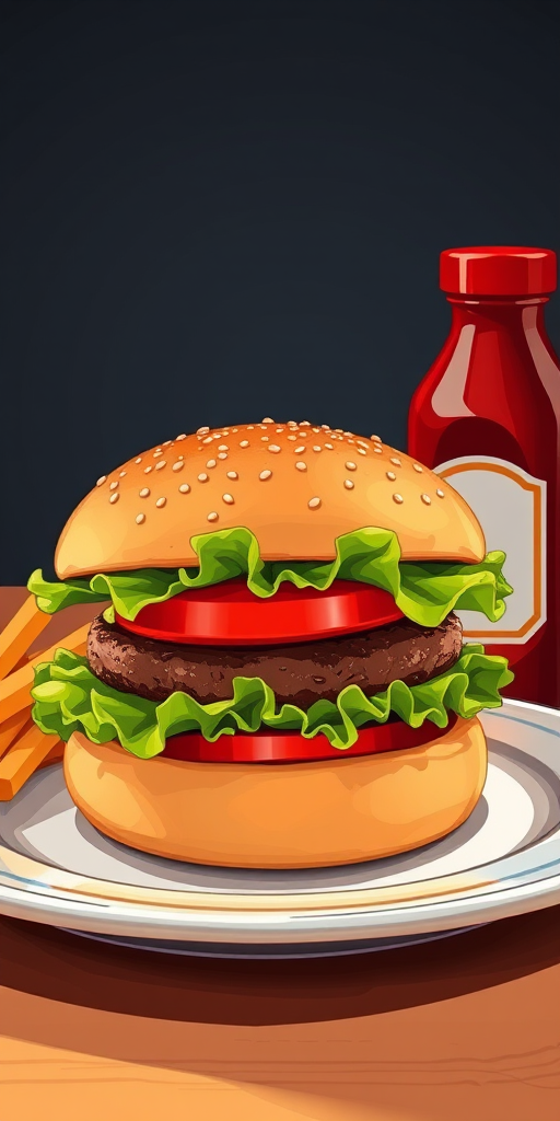 Create an illustration of a classic hamburger with lettuce and a slice of tomato on a plate alongside a bottle of ketchup, using a wide-angle lens, f/5.6 aperture, natural lighting, and a digital camera for enhanced color vibrancy and clarity.