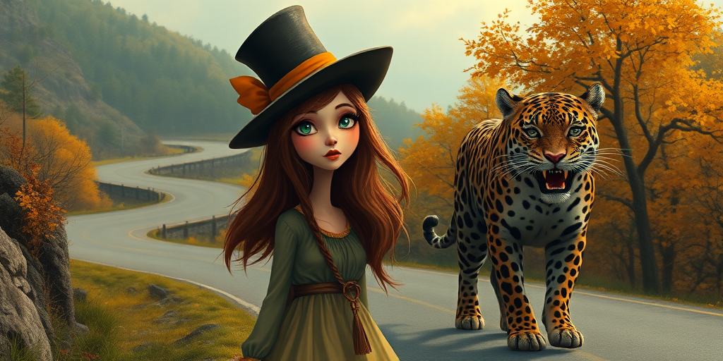 digital art fantasy depicting a strange girl with brown hair, long eyelashes, Yellow lipstick and a tall hat walking along a winding road on an autumn afternoon, an Jaguar smiles as she passes