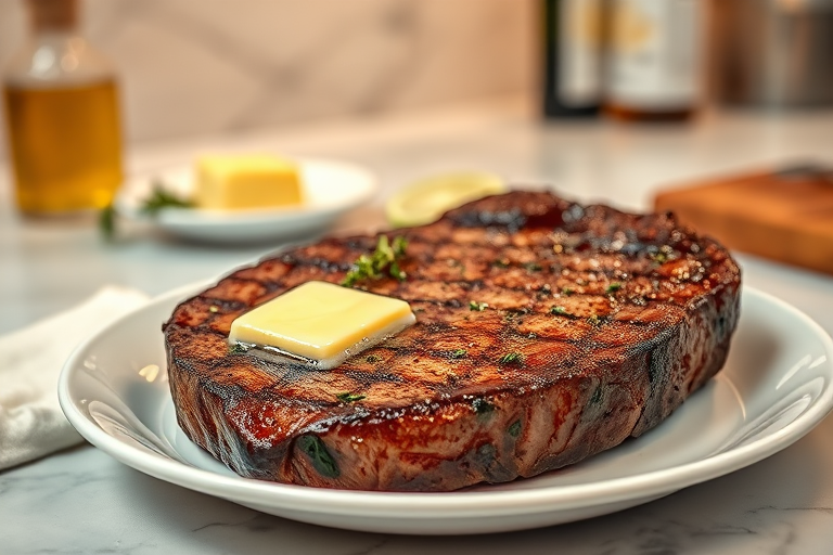 Create an image of a perfectly seared ribeye steak, resting on a white plate with a pat of melting butter on top. The steak is seasoned with fresh herbs like thyme and parsley, with glistening juices highlighting the texture of the meat. The background features a soft focus on a light, marble countertop, with a small dish of butter and an olive oil bottle in the distance. The overall mood should be warm and inviting, capturing the deliciousness and juiciness of the steak.