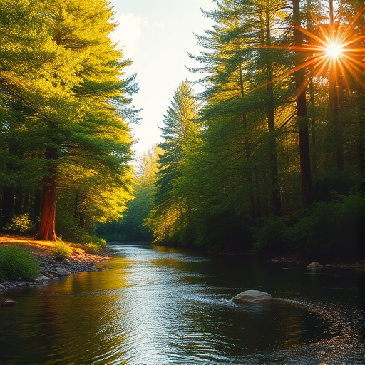 Create an image of a serene, sunlit forest scene with a clear, gently flowing river. Tall trees with lush green foliage line both sides of the river, their leaves bathed in the warm golden light of the setting or rising sun. The sunlight filters through the trees, casting soft, dappled light on the river, which flows over smooth rocks and pebbles, creating a peaceful, natural atmosphere. The sky is bright with a few scattered clouds, and the overall mood is tranquil, evoking a deep sense of connection with nature. The image captures the beauty of a calm, pristine forest landscape at either dawn or dusk.