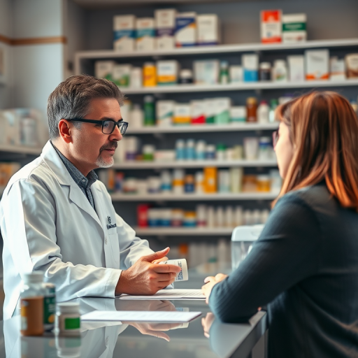 A pharmacist in a white lab coat consulting with a patient at a pharmacy counter, shelves filled with pharmaceutical products in the background, soft natural lighting, shot with a 50mm lens at f/1.8, ISO 200, shutter speed 1/100s, shallow depth of field to enhance focus on subjects.