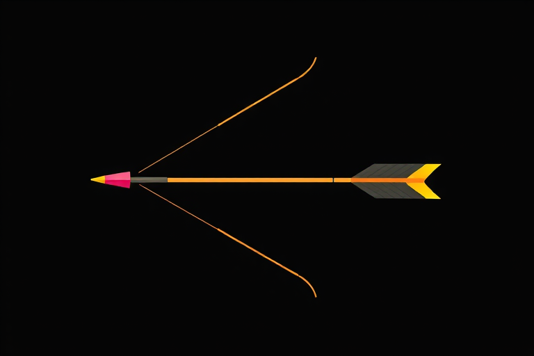 Create a high-resolution vector illustration of a bow and arrow with a minimalist design on a solid black background, using a DSLR camera with a 50mm lens, aperture set to f/2.8, ISO 100, and a shallow depth of field for a sharp focus on the bow and arrow, capturing vibrant colors and clean lines.