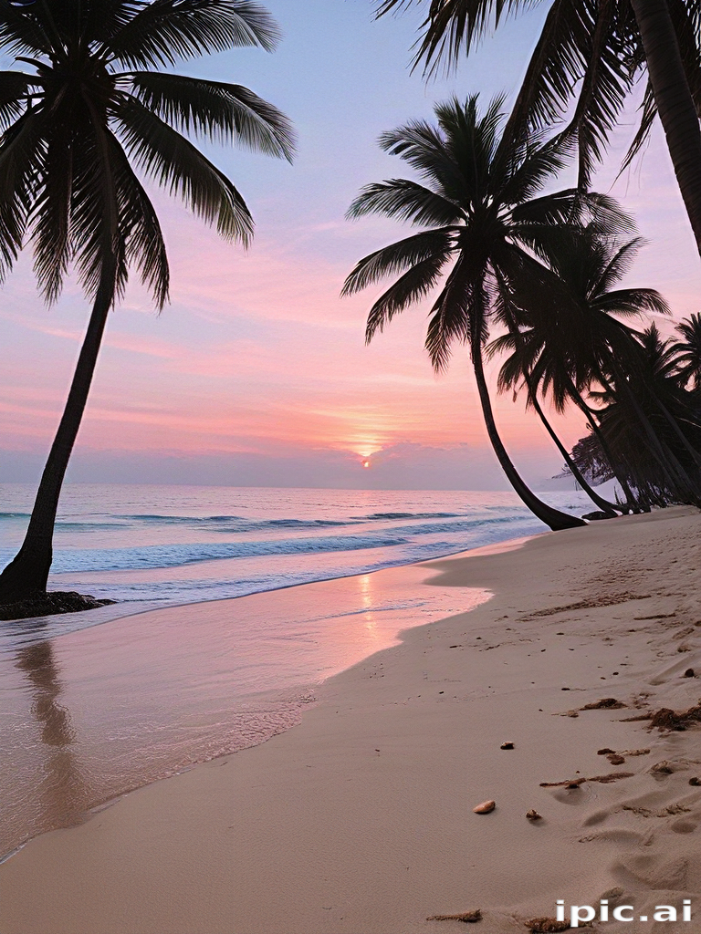 Serene Sunset Over a Tranquil Beach with Palm Trees Silhouetted