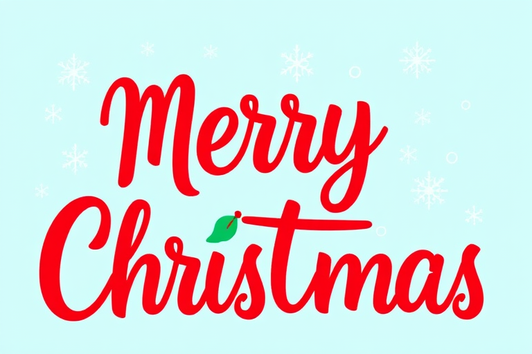 Create a vibrant holiday-themed illustration with "Merry Christmas" in bold red and green cursive letters, snowflakes in light blue around the text, use a DSLR camera, ISO 100, aperture f/2.8, 50mm lens, shot in natural light for enhanced color contrast and sharpness.
