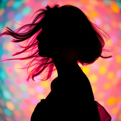 Create an ethereal portrait of a silhouette of a person with flowing hair against a vibrant, colorful background, using a Canon EOS R5, 85mm f/1.2 lens, aperture set to f/2.8, ISO 100, and a soft focus effect to capture a dreamy, surreal quality with lens flare and bokeh elements.