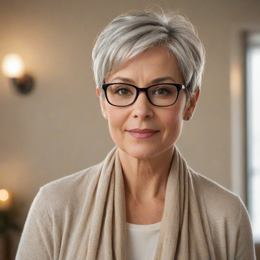 Portrait of a mature woman with short silver hair, styled in an asymmetrical pixie cut with side bangs. She wears black-framed glasses and a beige blouse with a white cardigan over it, as well as a bulky scarf in neutral tones. The woman is indoors with soft lighting and a blur in the background. Her expression is serene and confident, highlighting her elegance and modern style.