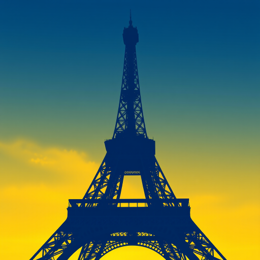 Create an artistic silhouette of the Eiffel Tower against a blue and yellow background, use a Canon EOS 5D Mark IV camera, set aperture to f/8, shutter speed to 1/125s, ISO 100, in landscape view, with a graphic design style.