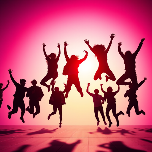 Create a vibrant image of silhouetted individuals joyfully jumping in various poses against a bright gradient background, captured with a DSLR camera at f/2.8, ISO 100, 50mm lens, using a dynamic angle for a sense of motion and excitement.