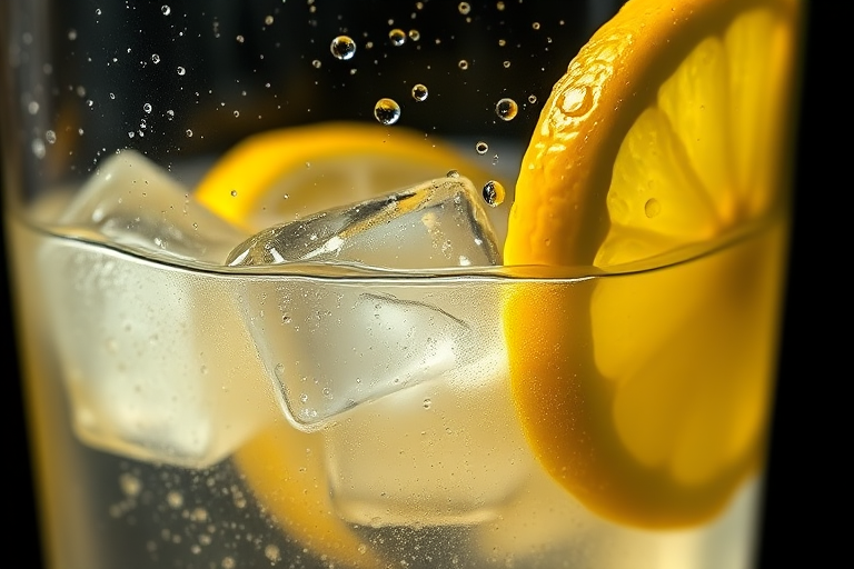 highly detailed close-up of a glass of lemonade with ice cubes and lemon slices, droplets of water on the glass, low-key lighting, shallow depth of field, 50mm lens, f/1.8 aperture, ISO 100, 1/200s shutter speed, soft focus background, studio photography