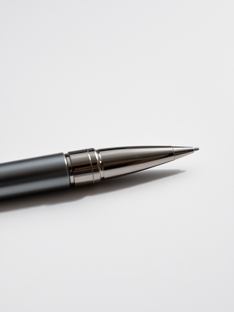 Create a high-resolution image of a sleek silver pen lying at a slight angle on a clean white background, captured with a Canon EOS R5, 50mm lens, f/1.8 aperture, ISO 100, with soft diffused lighting to enhance reflections and details.